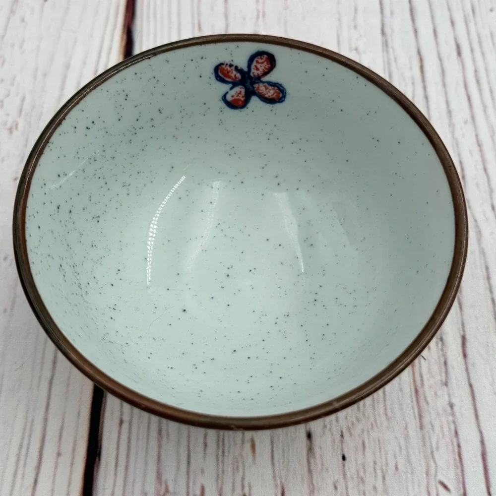 Japanese Iga-yaki Ceramic Cat Rice Bowl‎ Hand Painted Speckled Blue Orange 4.5